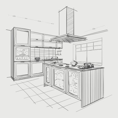 Interior sketch of modern kitchen with island. clipart