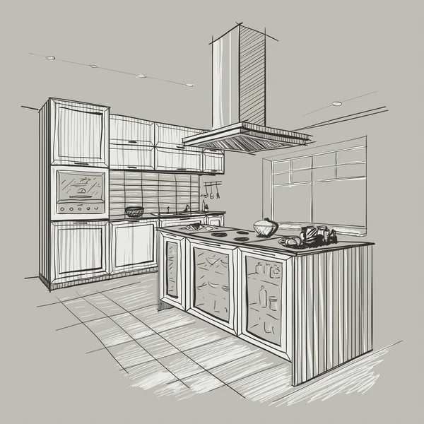 Croquis intérieur de cuisine moderne avec îlot . — Image vectorielle