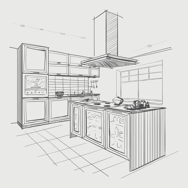 Bosquejo interior de cocina moderna con isla . — Vector de stock