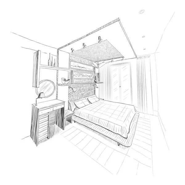 Bedroom interior sketch. — Stock Vector