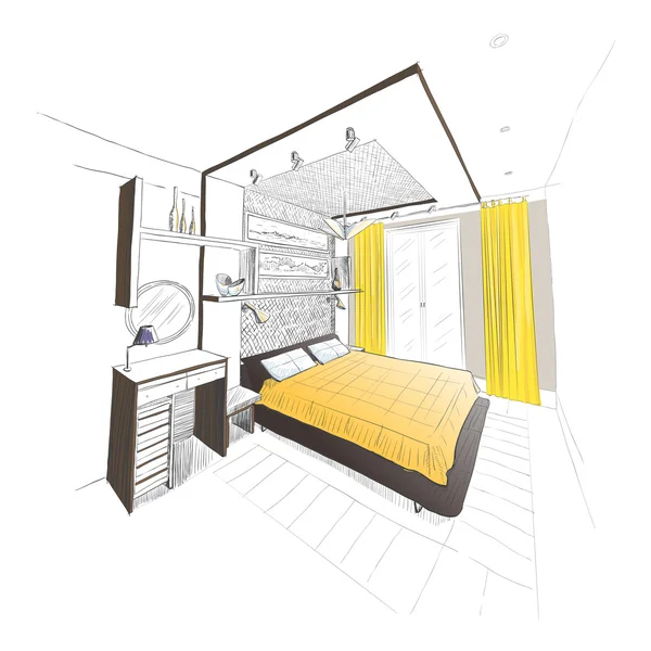 Bosquejo interior del dormitorio . — Vector de stock