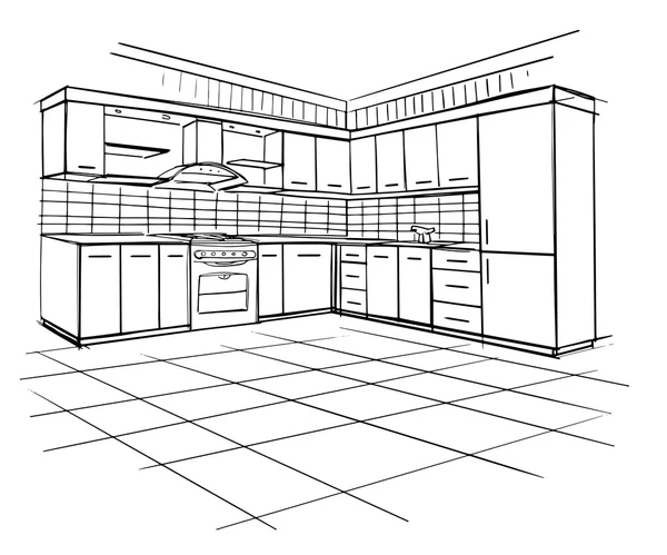 Moderno schizzo interno della cucina ad angolo . — Vettoriale Stock