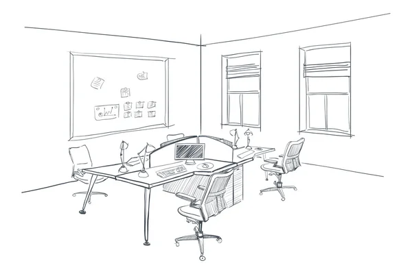 Bosquejo interior moderno de oficina de espacio abierto . — Vector de stock