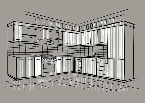 Esquisse intérieure moderne de la cuisine d'angle . — Image vectorielle