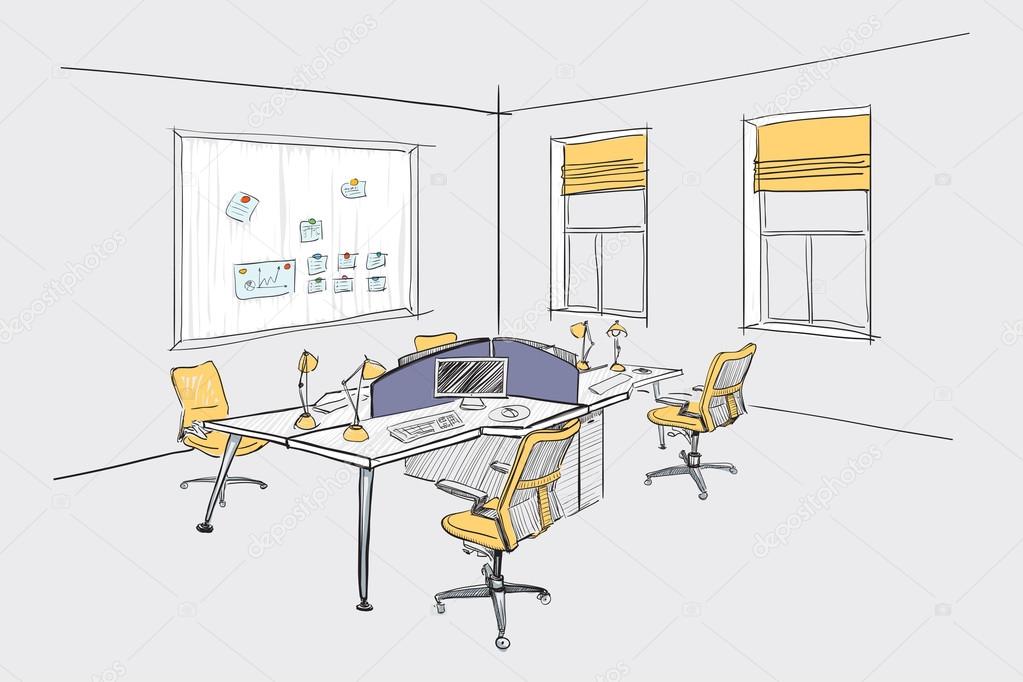 Modern interior sketch of open space office.