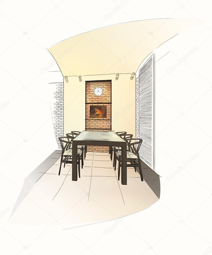 Dining room interior with table. Vector illustration.