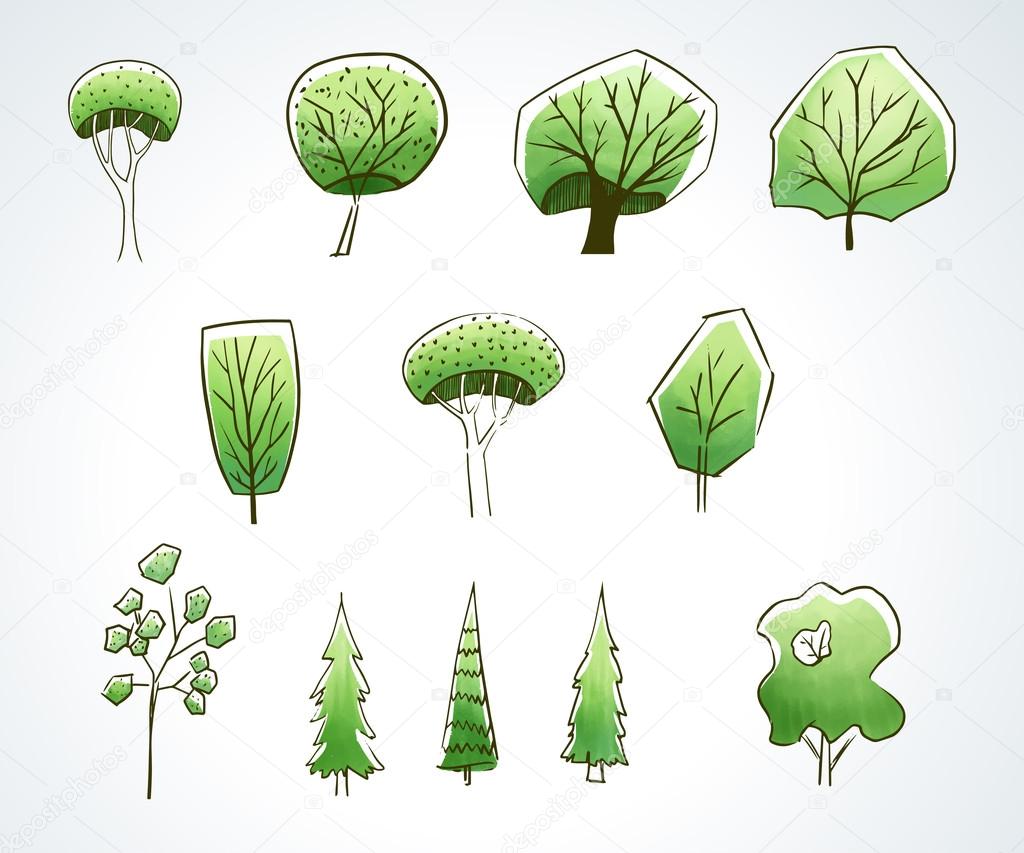 Vector set with green trees.