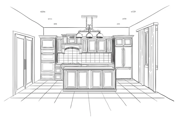 Croquis intérieur de cuisine moderne avec îlot . — Image vectorielle