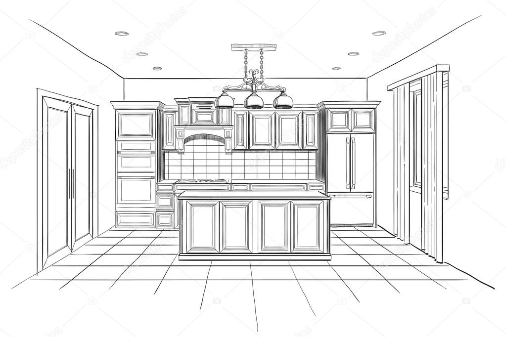 Interior sketch of modern kitchen with island.