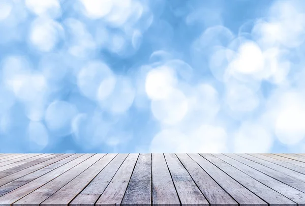 Wood Table Top Blur Blue Sky Empty Space Your Product — Stock Photo, Image