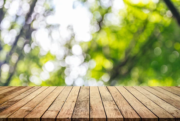 Mesa Madera Vacía Con Fondo Bokeh Verde — Foto de Stock