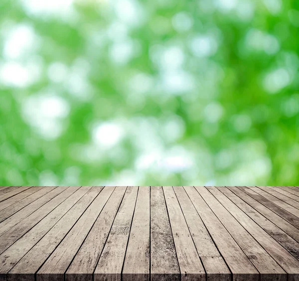 Tavolo Legno Vuoto Con Sfondo Verde Bokeh — Foto Stock