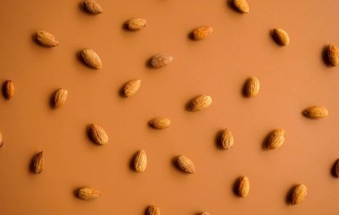 Kahverengi arka planda sarı ve yeşil fındıkların üst görüntüsü