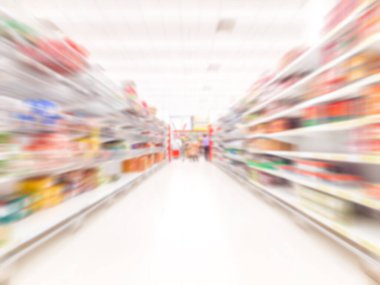 Arkaplan için soyut bulanık süpermarket alışveriş merkezi ve perakende mağaza içi