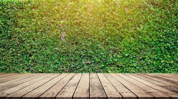 緑の草の背景を持つ空の木製のテーブル — ストック写真