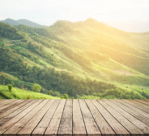 Empty Wooden Table Green Grass Blur Background — Stock Photo, Image