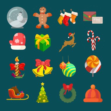 Noel simgeleri hazır. Tatil eşyaları koleksiyonu illüstrasyonu: Noel Baba, çelenk, kuzey kutbu, kardan adam, hediye, Noel ağacı, Noel Baba şapkası, çanta, ren geyiği, ökseotu, kutsal çiçek, oyuncak, çan