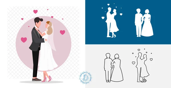 結婚式のカップル孤立フラットアイコン 線やソリッド デザイン要素 — ストックベクタ