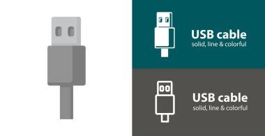 USB kablo izole vektör düz simgesi ile teknoloji elektronik katı, çizgi simgeleri