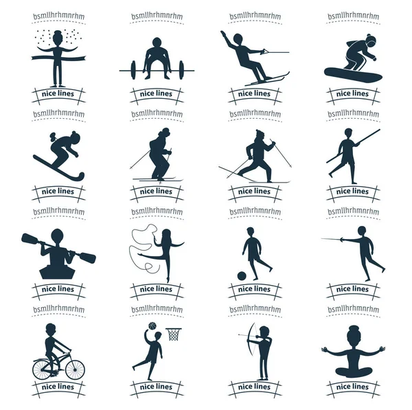 Silhouet Van Atleten Eenvoudige Vector Icoon Set Met Zwemmer Skiër — Stockvector