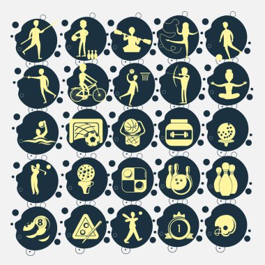 Spor simgesi belirlenmiş golf topu, bilardo, bowling, dama, protein kutusu, futbol golü, atlet silueti