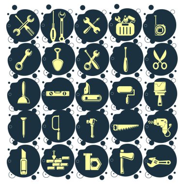 çekiç, anahtar ve tornavida, matkap, çivi, kesici, boya silindiri, testere, alet kutusu ile tamir araçları simgesi
