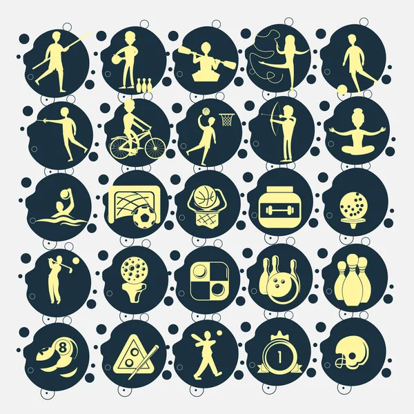 Spor simgesi belirlenmiş golf topu, bilardo, bowling, dama, protein kutusu, futbol golü, atlet silueti