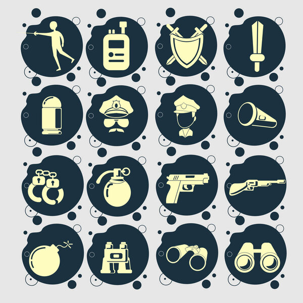 иконка оружия с полицией, пистолетом, пистолетом. бинокль. щит, бомба, ручная граната, наручники