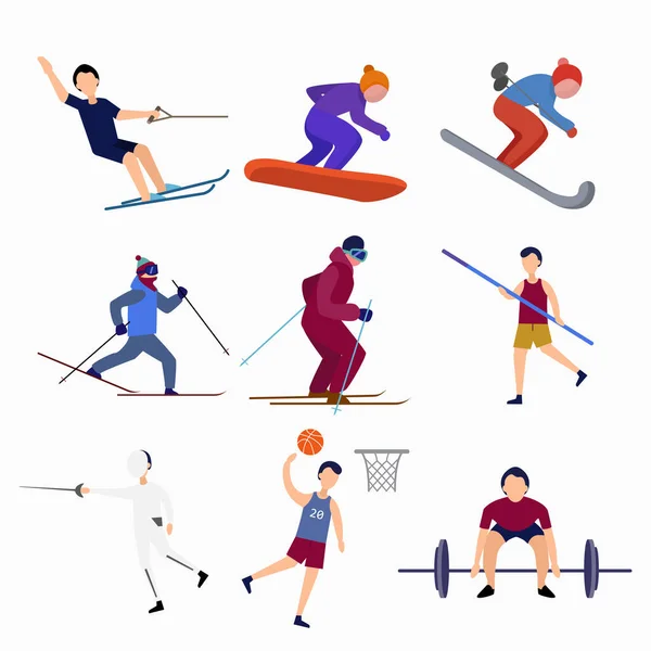 Basketbalspeler Polsstokhoogspringer Skiër Waterskisport Vector Clip Art Set Basketbalspeler Polsstokhoogspringer — Stockvector