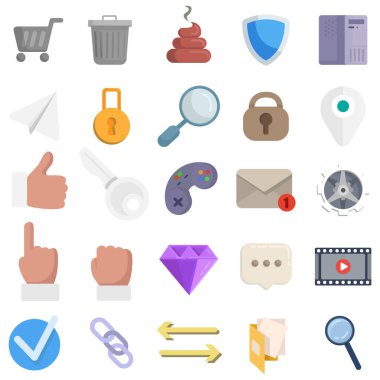 web vector clip art set with like icon, lock, PC, computer, map pin, gamepad, folder, shit, check icon