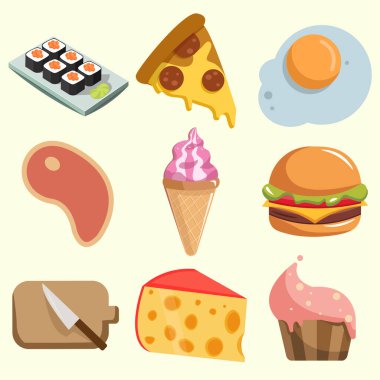 Hamburger, suşi, dondurma ve pizzayla hazırlanmış yemek vektör klipsi.