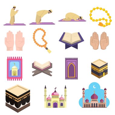 Müslüman İslami dua klip sanatı. Cami, Kuran, hac, kabe, halı.