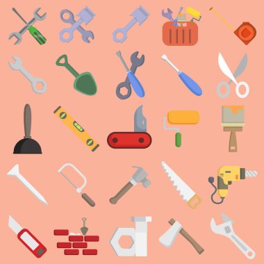tamir araçları vektör klipsleri çekiç, anahtar ve tornavida, matkap, çivi, kesici, boya silindiri, testere, alet kutusu ile set