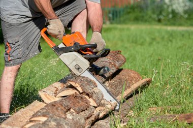 Yazın güneşli bir günde testere ile kereste kesiyorum.