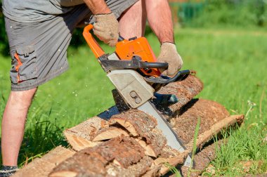 Yazın güneşli bir günde testere ile kereste kesiyorum.