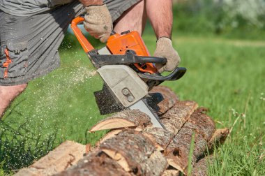 Yazın güneşli bir günde testere ile kereste kesiyorum.