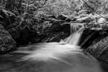 Hoar Oak Nehri 'nin üzerinde Exmoor Ulusal Parkı' ndaki Watersmeet 'te akan şelalenin uzun pozu.