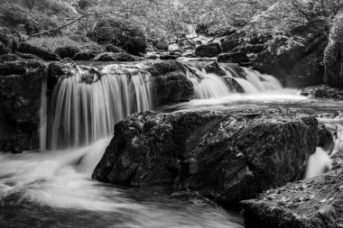 Hoar Oak Nehri 'nin üzerinde Exmoor Ulusal Parkı' ndaki Watersmeet 'te akan şelalenin uzun pozu.