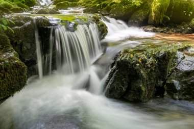 Hoar Oak Nehri 'nin üzerinde Exmoor Ulusal Parkı' ndaki Watersmeet 'te akan şelalenin uzun pozu.