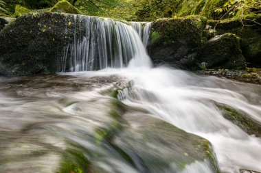 Hoar Oak Nehri 'nin üzerinde Exmoor Ulusal Parkı' ndaki Watersmeet 'te akan şelalenin uzun pozu.
