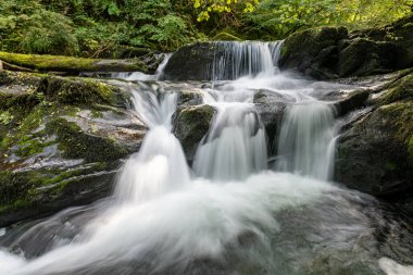 Hoar Oak Nehri 'nin üzerinde Exmoor Ulusal Parkı' ndaki Watersmeet 'te akan şelalenin uzun pozu.