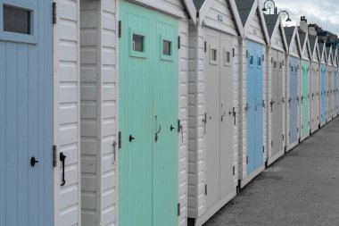 Dorset 'teki Lyme Regis' te bir sıra plaj kulübesinde renk sıçraması.