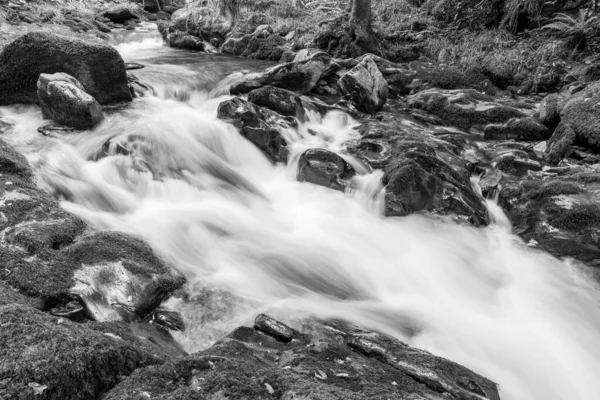 Długa Ekspozycja Wodospadu Rzece East Lyn Przepływającego Przez Lasy Watersmeet — Zdjęcie stockowe