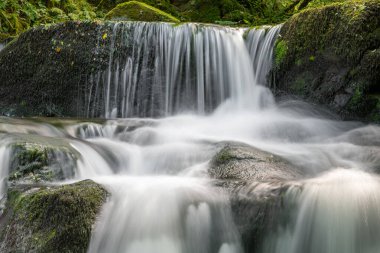 Hoar Oak Nehri 'nin üzerinde Exmoor Ulusal Parkı' ndaki Watersmeet 'te akan şelalenin uzun pozu.