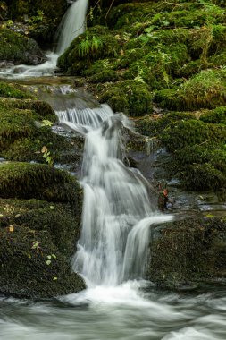 Doğu Lyn nehrinin üzerinde Exmoor Ulusal Parkı 'ndaki Watersmeet' te akan şelalenin uzun pozu