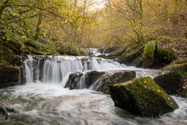 Sonbaharda Exmoor Ulusal Parkı 'ndaki Watersmmet' te Hoar Oak Nehri 'nde bir şelaleye uzun süre maruz kalmak