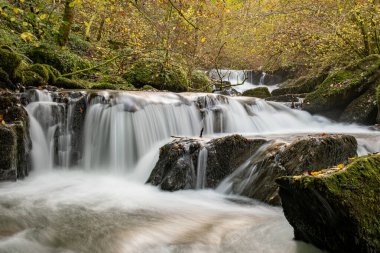 Sonbaharda Exmoor Ulusal Parkı 'ndaki Watersmmet' te Hoar Oak Nehri 'nde bir şelaleye uzun süre maruz kalmak