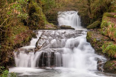 Sonbaharda Exmoor Ulusal Parkı 'ndaki Watersmmet' te büyük bir şelaleye uzun süre maruz kalma