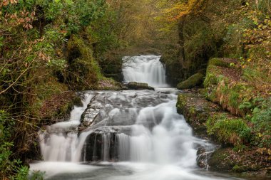 Sonbaharda Exmoor Ulusal Parkı 'ndaki Watersmmet' te büyük bir şelaleye uzun süre maruz kalma