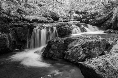 Hoar Oak Nehri 'nin üzerinde Exmoor Ulusal Parkı' ndaki Watersmeet 'te akan şelalenin uzun pozu.